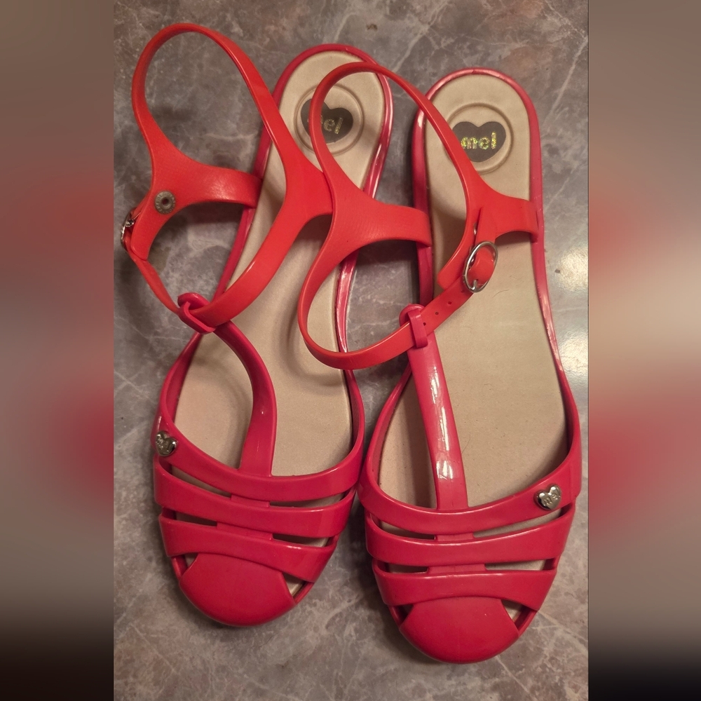 Melissa Women's Pink And Red Strappy Jelly Sandals with Heart Detail